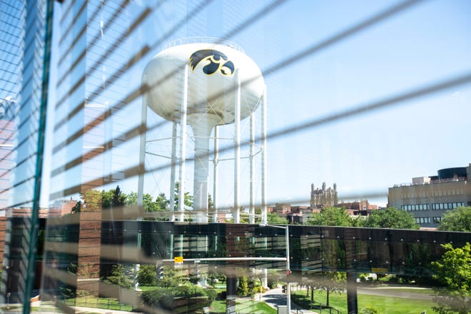 The Tigerhawk water tower is pictured while construction continues during a media tour of the north end zone, Friday, Aug. 9, 2019, at Kinnick Stadium in Iowa City, Iowa.