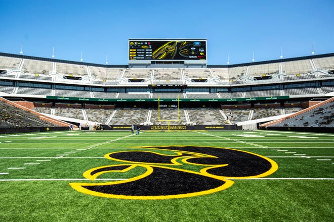 A Tigerhawk logo is pictured at the 50 yard line while construction continues during a media tour of the north end zone, Friday, Aug. 9, 2019, at Kinnick Stadium in Iowa City, Iowa.