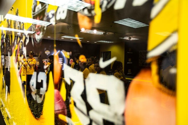 Graphics of Josey Jewell and T.J. Hockenson are pictured while University of Iowa freshman students from the class of 2023 get a behind the scenes tour, Friday, Aug. 23, 2019, at Kinnick Stadium in Iowa City, Iowa.