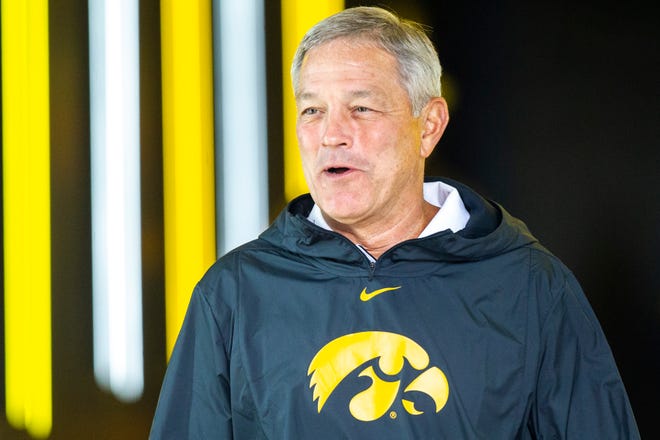 Iowa head coach Kirk Ferentz walks out of the tunnel before a NCAA non conference football game, Saturday, Aug. 31, 2019, at Kinnick Stadium in Iowa City, Iowa.