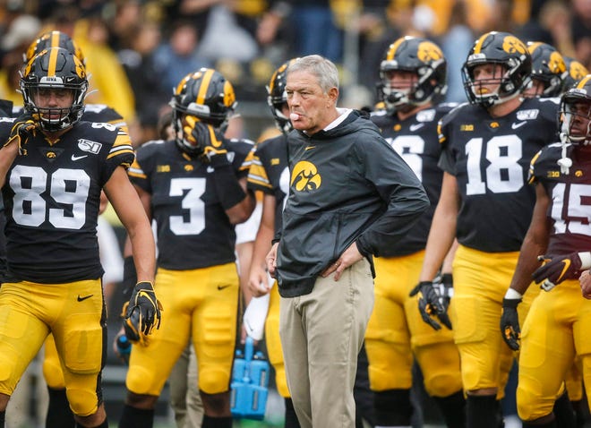 Iowa head football coach Kirk Ferentz watches over his Hawkeyes prior to kickoff against Miami of Ohio at Kinnick Stadium in Iowa City on Saturday, Aug. 31, 2019.