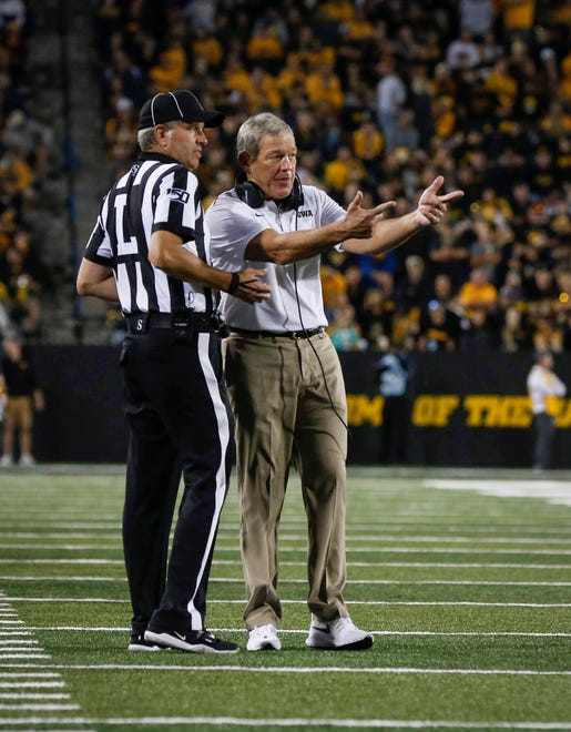 Iowa head football coach Kirk Ferentz questions a call in the second half against Miami of Ohio at Kinnick Stadium in Iowa City on Saturday, Aug. 31, 2019.