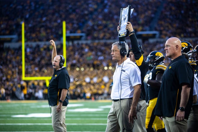 Iowa head coach Kirk Ferentz stands on the sideline during a NCAA non conference football game, Saturday, Aug. 31, 2019, at Kinnick Stadium in Iowa City, Iowa.