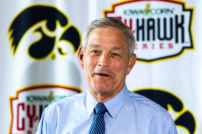Iowa head coach Kirk Ferentz speaks during a press conference ahead of the Cy-Hawk series football game, Tuesday, Sept. 10, 2019, at the Hansen Football Performance Center in Iowa City, Iowa.