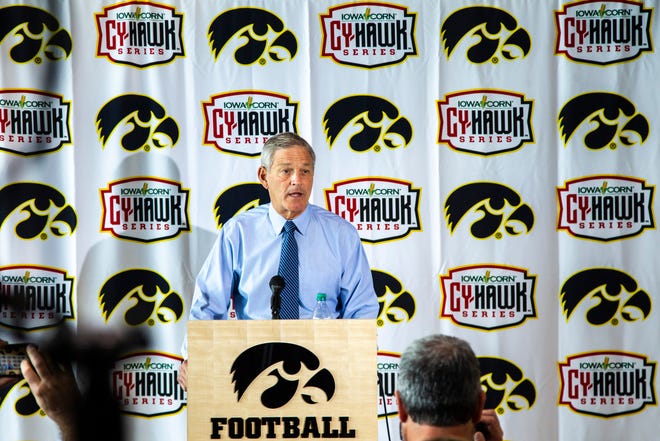 Iowa head coach Kirk Ferentz speaks during a press conference ahead of the Cy-Hawk series football game, Tuesday, Sept. 10, 2019, at the Hansen Football Performance Center in Iowa City, Iowa.