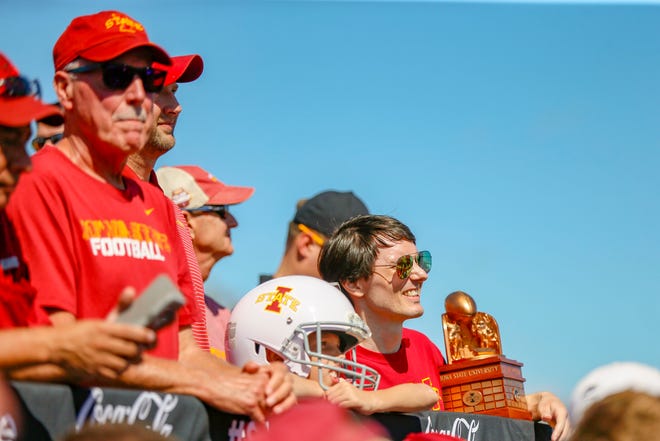 ISU fans watch ESPN College GameDay outside of Jack Trice Stadium in Ames Friday, Sept. 13, 2019.