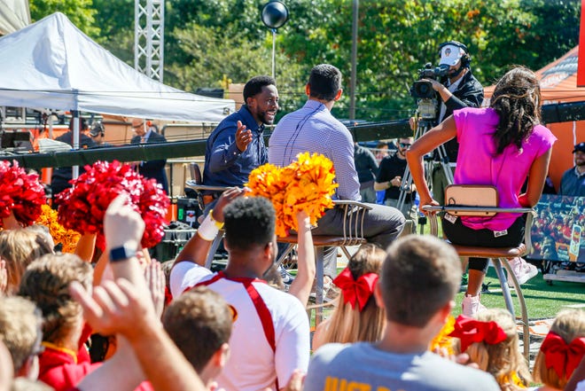 Maria Taylor, David Pollack, and Desmond Howard host ESPN College GameDay outside of Jack Trice Stadium in Ames Friday, Sept. 13, 2019.