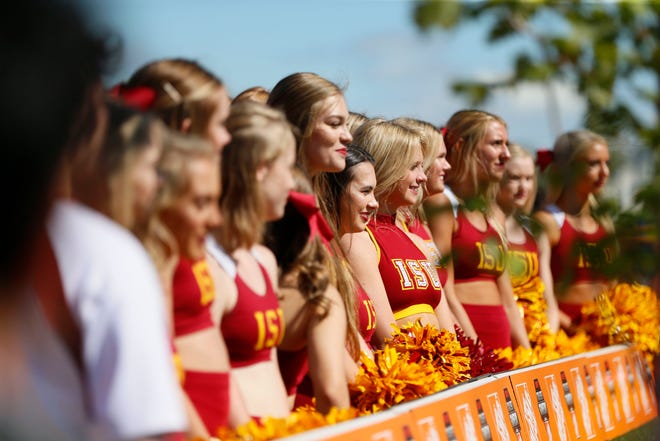 ISU cheerleaders watch ESPN College GameDay outside of Jack Trice Stadium in Ames Friday, Sept. 13, 2019.