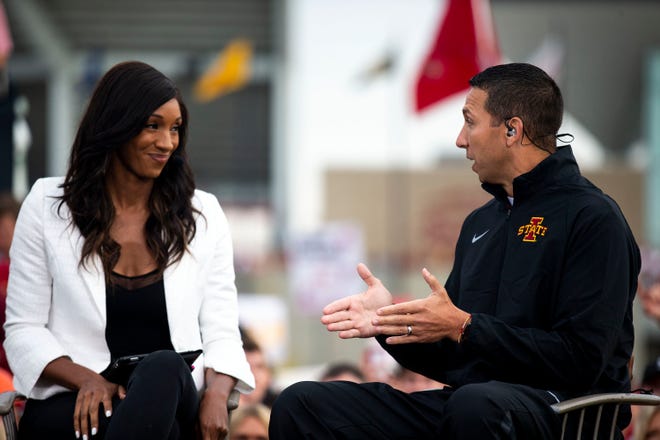 ESPN's Maria Taylor interviews Iowa State football coach Matt Campbell during "College GameDay" filmed outside of Jack Trice Stadium before the Iowa vs. Iowa State football game on Saturday, Sep. 14, 2019, in Ames, Iowa.