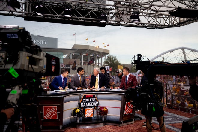 The hosts ESPN's "College GameDay" film outside of Jack Trice Stadium before the Iowa vs. Iowa State football game on Saturday, Sep. 14, 2019, in Ames, Iowa.
