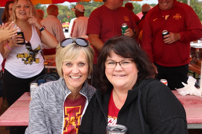Laurie Sullivan (right) and Jill Powers before the Iowa State University game against the University of Iowa on Sept. 14.
Photo by Grant Tetmeyer