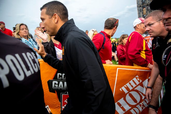 Iowa State football coach Matt Campbell leaves the set of ESPN's "College GameDay" after giving an interview outside of Jack Trice Stadium before the Iowa vs. Iowa State football game on Saturday, Sep. 14, 2019, in Ames, Iowa.