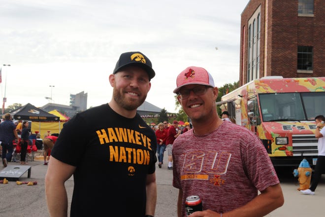 Spencer Smith (right) and Jared Hansen  before the Iowa State University game against the University of Iowa on Sept. 14.
Photo by Grant Tetmeyer