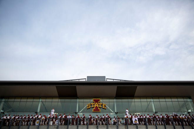 The Iowa State University Cyclone Football Varsity March Band lines the concourse of Jack Trice Stadium behind the set of ESPN's "College GameDay" before the Iowa vs. Iowa State football game on Saturday, Sep. 14, 2019, in Ames, Iowa.