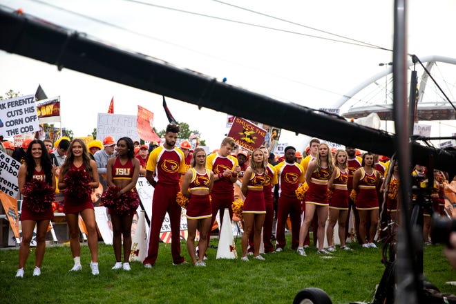 Iowa State cheerleaders line the set of ESPN's "College GameDay" before the Iowa vs. Iowa State football game on Saturday, Sep. 14, 2019, outside of Jack Trice Stadium in Ames, Iowa.