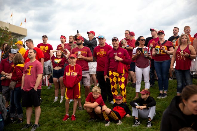 Hundreds of people pack into the set of ESPN's "College GameDay" before the Iowa vs. Iowa State football game on Saturday, Sep. 14, 2019, outside of Jack Trice Stadium in Ames, Iowa.