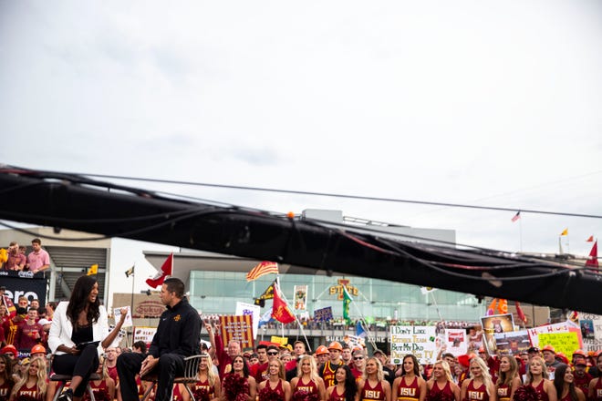 ESPN's Maria Taylor interviews Iowa State football coach Matt Campbell during "College GameDay" filmed outside of Jack Trice Stadium before the Iowa vs. Iowa State football game on Saturday, Sep. 14, 2019, in Ames, Iowa.