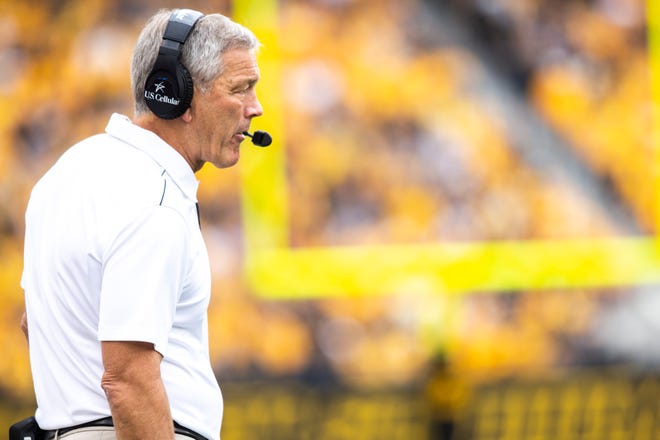 Iowa head coach Kirk Ferentz watches play during a NCAA non conference football game between the Iowa Hawkeyes and Middle Tennessee State, Saturday, Sept., 28, 2019, at Kinnick Stadium in Iowa City, Iowa.