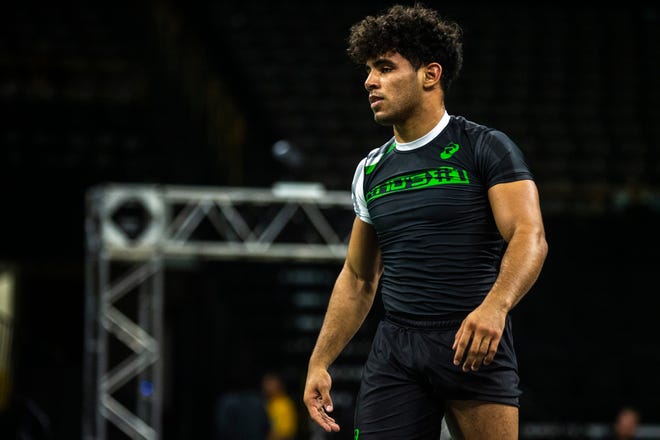 Anthony Echemendia, of Arizona, gets ready before his match during Flowrestling's Who's Number One event, Saturday, Oct., 5, 2019, at Carver-Hawkeye Arena in Iowa City, Iowa.