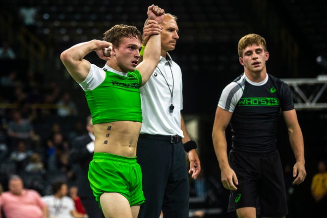 Robbie Howard, of New Jersey, celebrates after defeating Trevor Mastrogiovanni, of New Jersey, during Flowrestling's Who's Number One event, Saturday, Oct., 5, 2019, at Carver-Hawkeye Arena in Iowa City, Iowa.