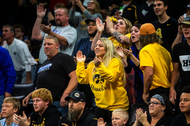 Iowa Hawkeyes fans cheer during Flowrestling's Who's Number One event, Saturday, Oct., 5, 2019, at Carver-Hawkeye Arena in Iowa City, Iowa.