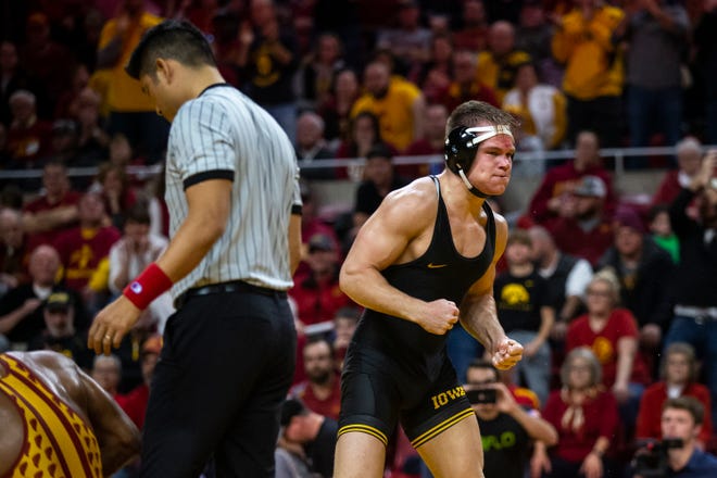 Iowa's Nelson Brands wins his match against Iowa State's Sam Colbray at 184 during the Cy-Hawk dual on Sunday, Nov. 17, 2019, in Hilton Coliseum.