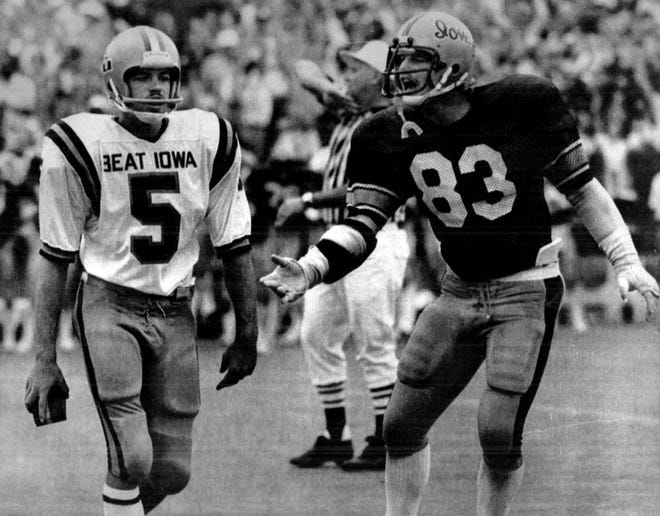 From 1977 Cy-Hawk football game: Iowa's Jim Molini, right, taunts Iowa State kicker Scott Kollman after Kollman missed a third-quarter field goal attempt.