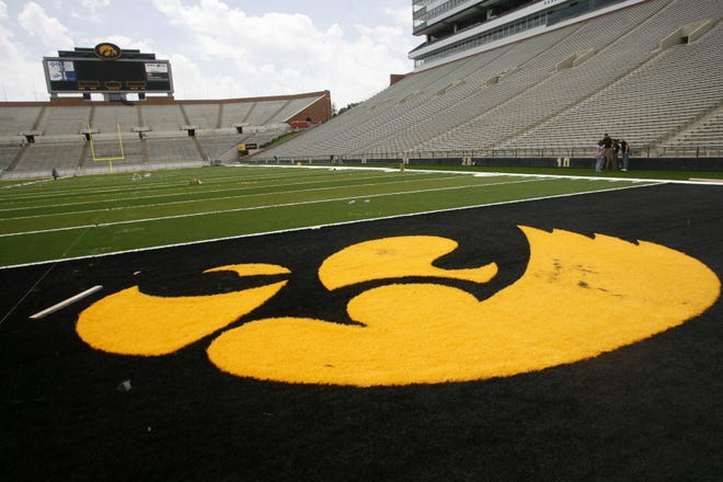 A "Tigerhawk" can be seen in the north endzone during a tour of the installation of the new synthetic turf, Friday, May 29, 2009, at Kinnick Stadium, in Iowa City, Iowa. The turf and renovation of the field's drainage system is part of a $2 million project that is replacing the grass field that Iowa has had since 1986.