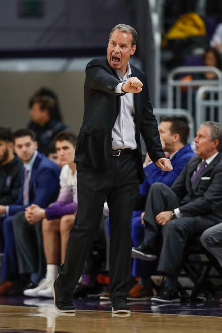 Jan 14, 2020; Evanston, Illinois, USA; Northwestern Wildcats head coach Chris Collins directs his team against the Iowa Hawkeyes during the first half at Welsh-Ryan Arena. Mandatory Credit: Kamil Krzaczynski-USA TODAY Sports