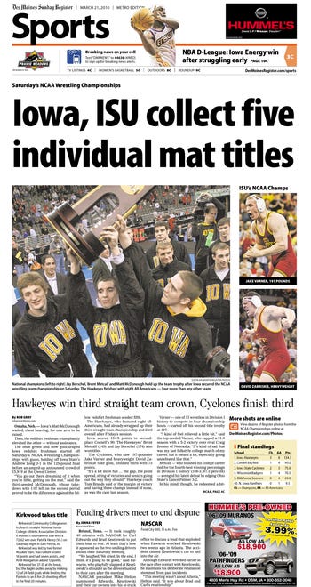 The front of the Des Moines Register sports section from March 21, 2010, after the Iowa Hawkeyes won the NCAA wrestling national championship.