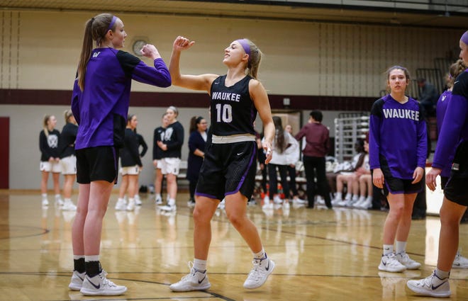 Waukee junior Katie Dinnebier is introduced prior to the start against Dowling Catholic on Tuesday, Jan. 21, 2020, at Dowling Catholic High School in West Des Moines.