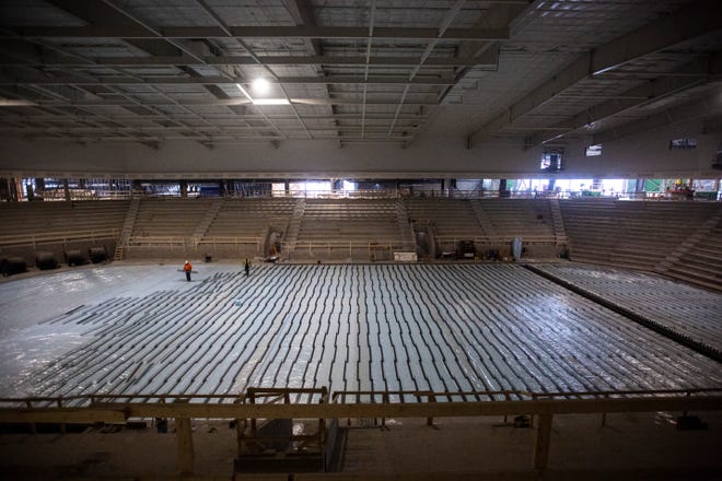 A view from a suite at center ice as construction continues during a tour of the site, Friday, Jan. 24, 2020, at the Xtream Arena in Coralville, Iowa.