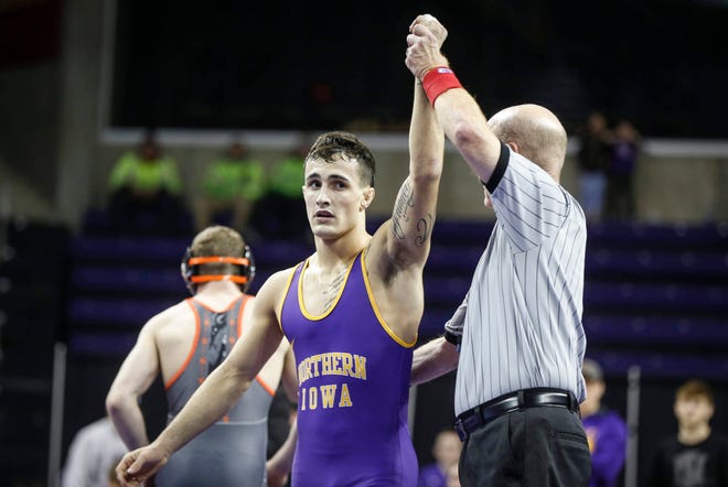 Northern Iowa's Michael Blockhus beat Oklahoma State's Dusty Hone at 141 pounds on Saturday, Jan. 25, 2020, at the McCleod Center in Cedar Falls.