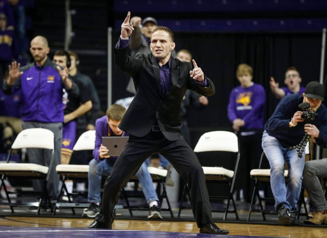 Northern Iowa head wrestling coach Doug Schwab gets animated in the meet against Oklahoma State on Saturday, Jan. 25, 2020, at the McCleod Center in Cedar Falls.