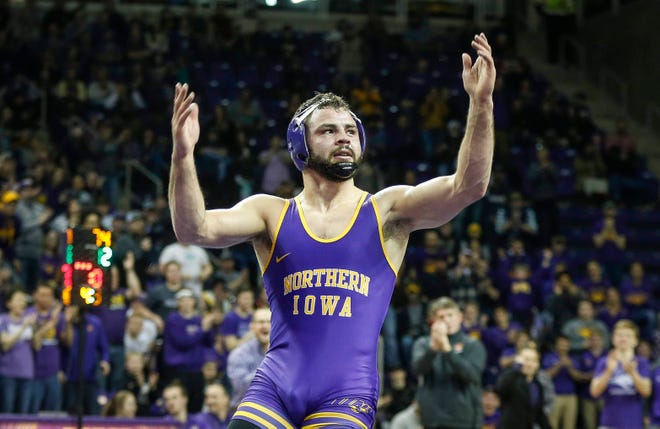 Northern Iowa's Bryce Steiert celebrates after beating Oklahoma State's Joe Smith at 174 pounds on Saturday, Jan. 25, 2020, at the McCleod Center in Cedar Falls.