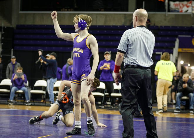 Northern Iowa's Jack Skudlarczyk celebrates after a win over Oklahoma State's Reece Witcraft at 133 pounds on Saturday, Jan. 25, 2020, at the McCleod Center in Cedar Falls.
