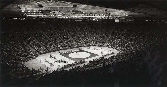 A Jan. 3, 1983, photo shows the first wrestling event at Carver-Hawkeye Arena in Iowa City, Iowa.