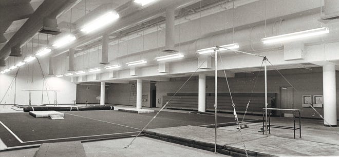Gymnastics equipment is set up in the wrestling room, May 4, 1983, at Carver-Hawkeye Arena in Iowa City, Iowa.