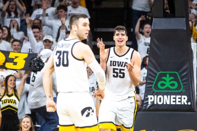 Luka Garza (55), Connor McCaffery (30) and the Hawkeyes could be facing Gonzaga on Dec. 19 in Sioux Falls. South Dakota.