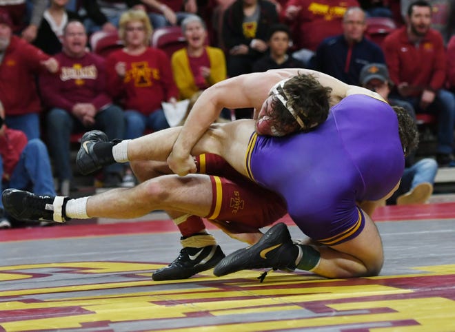 Iowa State's Chase Straw takes down UNI's Austin Yant during their 165-pound wrestling match at Hilton Coliseum on Sunday, Feb. 16, 2020, in Ames, Iowa. Straw won the match by decision.