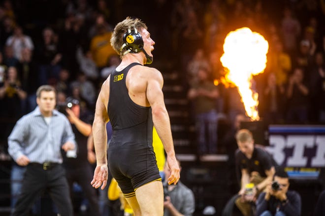 Iowa's Max Murin reacts after beating Minnesota's Mitch McKee at 141 pounds during a NCAA Big Ten Conference wrestling dual, Saturday, Feb. 15, 2020, at Carver-Hawkeye Arena in Iowa City, Iowa.