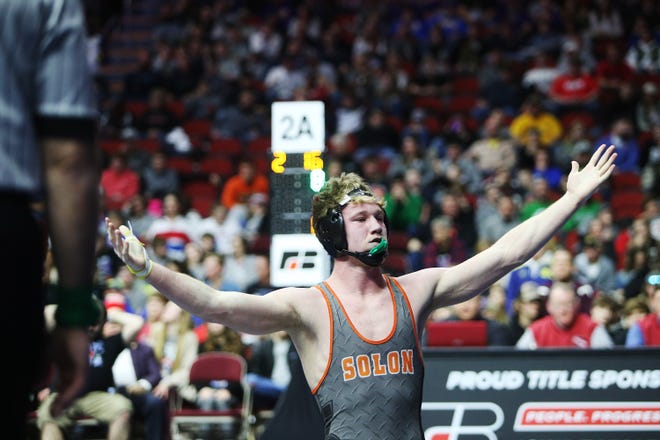 Solon's Jax Flynn wins the 170 pound Class 2A championship match against Osage's Spencer Mooberry during the Iowa high school state wrestling tournament on Saturday, Feb. 22, 2020, at Wells Fargo Arena, in Des Moines.