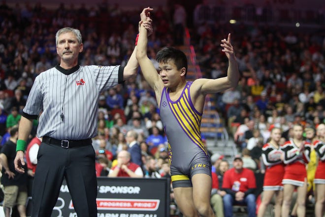 Webster City's Camron Phetxoumphone wins the 106 pound Class 2A championship match against Greene County's McKinley Robbins during the Iowa high school state wrestling tournament on Saturday, Feb. 22, 2020, at Wells Fargo Arena, in Des Moines.