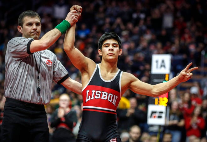 Lisbon sophomore Robert Avila Jr. pinned Marysville-St. Mary's senior Cole Cassady at 132 pounds en route to his second state title during the 2020 Iowa high school state wrestling tournament finals at Wells Fargo Arena in Des Moines on Saturday, Feb. 22, 2020.