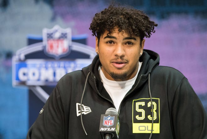 Iowa offensive lineman Tristan Wirfs speaks to the media during the 2020 NFL Combine in the Indianapolis Convention Center.