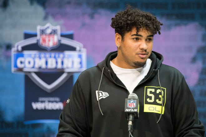 Iowa offensive lineman Tristan Wirfs speaks to the media during the 2020 NFL Combine in the Indianapolis Convention Center.