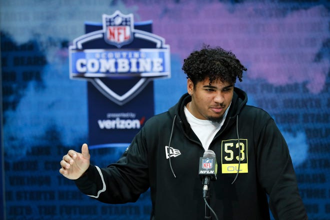 Iowa offensive lineman Tristan Wirfs speaks during a press conference at the NFL football scouting combine in Indianapolis, Wednesday, Feb. 26, 2020.