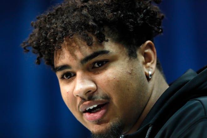 Iowa offensive lineman Tristan Wirfs speaks during a press conference at the NFL football scouting combine in Indianapolis, Wednesday, Feb. 26, 2020.