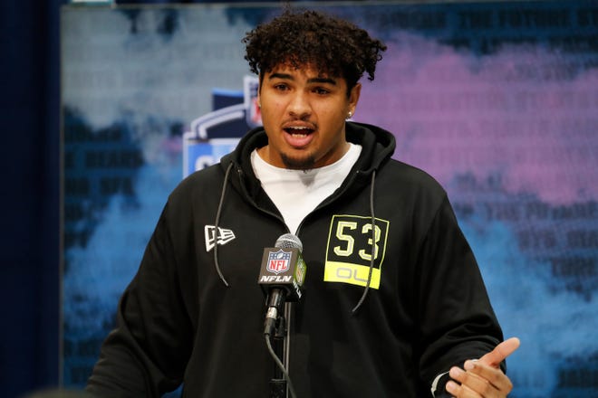 Iowa Hawkeyes offensive lineman Tristan Wirfs speaks to the media during the 2020 NFL Combine at the Indiana Convention Center.