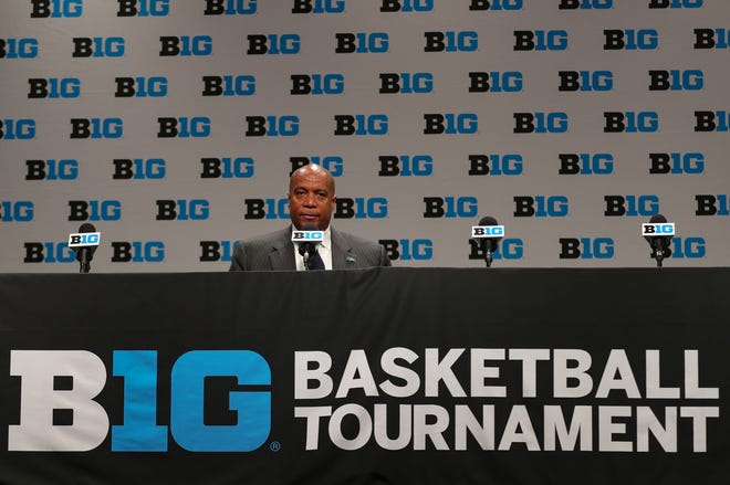 Commissioner Kevin Warren takes questions after canceling the Michigan Wolverines and Rutgers Scarlet Knights first round Big Ten tournament game at Bankers Life Fieldhouse in Indianapolis, Indiana due to the Coronavirus Pandemic Thursday, March 12, 2020.